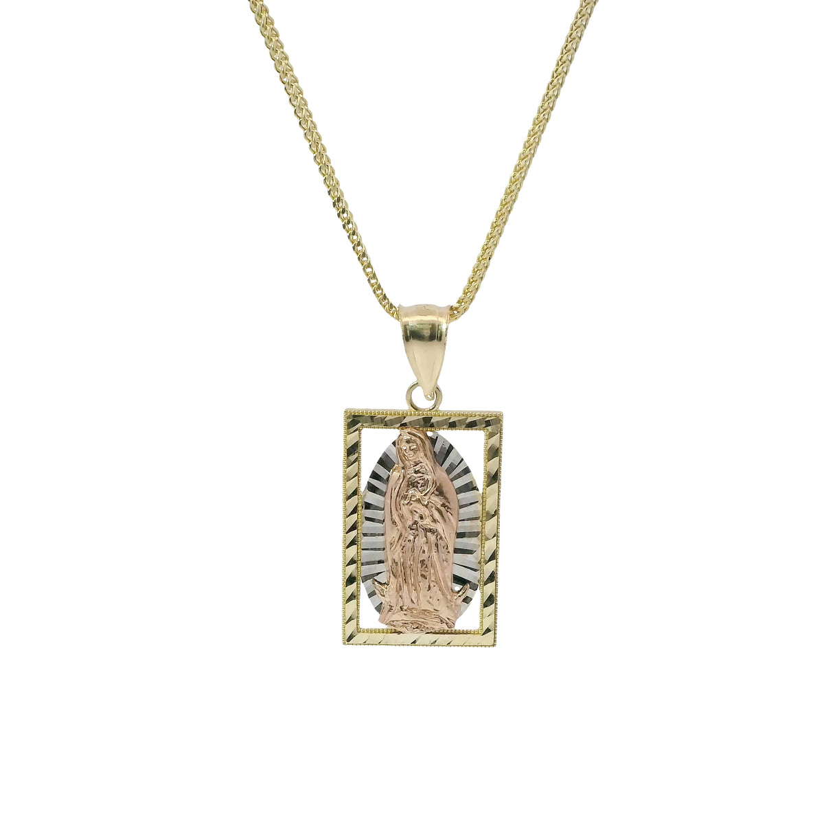 14KT Gold Charm Medium Rectangle Tri Tone Virgin Mary with Diamond Cut Open Frame Border and Plain Bell