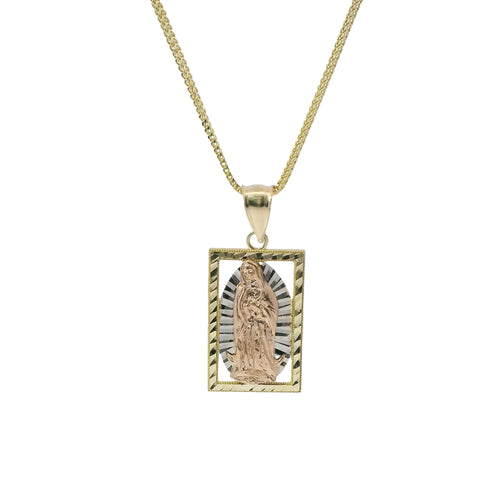 14KT Gold Charm Medium Rectangle Tri Tone Virgin Mary with Diamond Cut Open Frame Border and Plain Bell