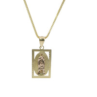 14KT Gold Charm Medium Rectangle Tri Tone Virgin Mary with Diamond Cut Open Frame Border and Plain Bell
