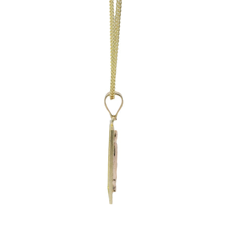 14KT Gold Charm Medium Rectangle Tri Tone Virgin Mary with Diamond Cut Open Frame Border and Plain Bell