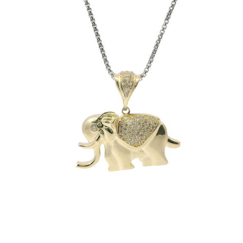 14KT Gold Charm Medium 3D Elephant with Flat Back White CZ Stones Blanket, Eye, and Bell
