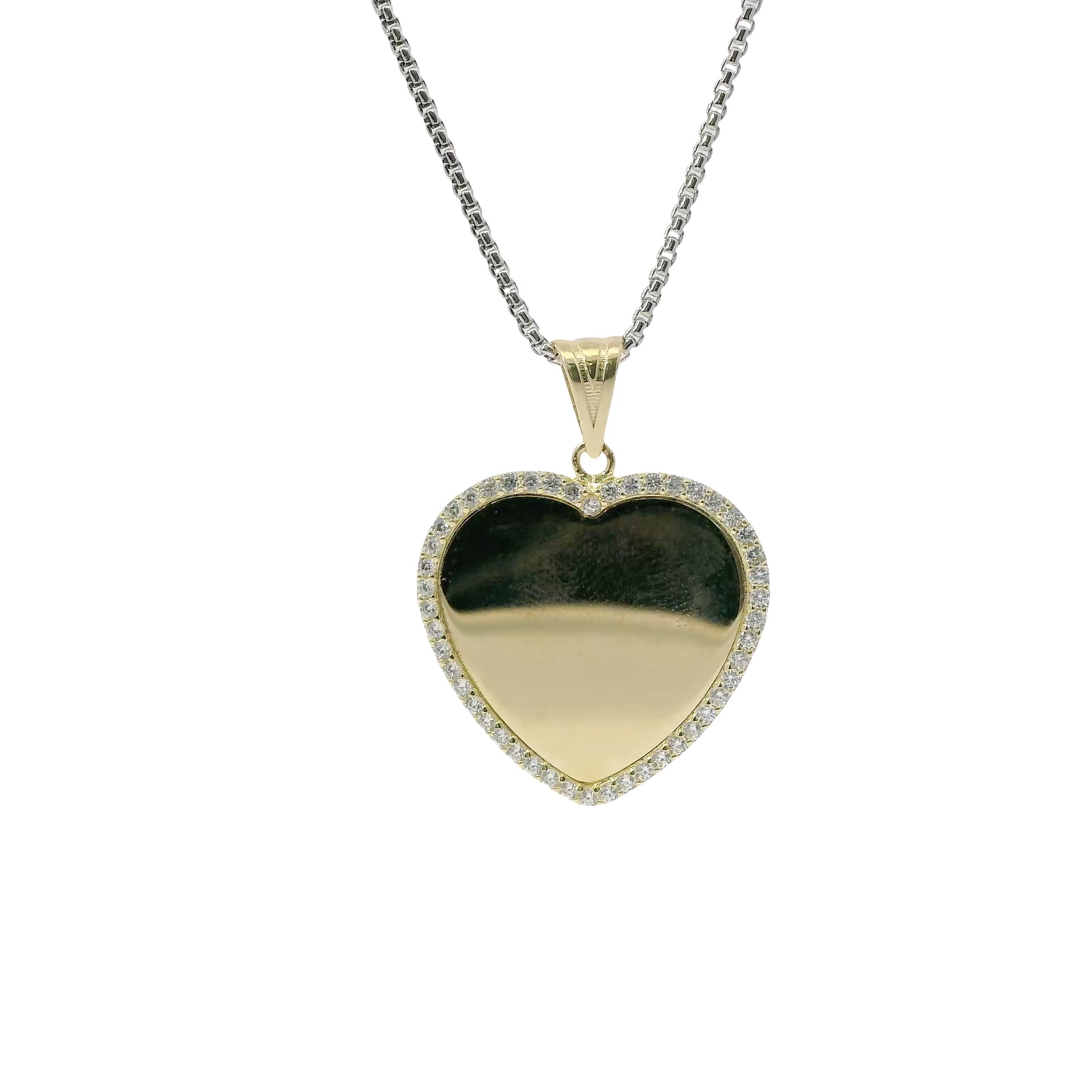 14KT Gold Charm Medium Flat Plain Engravable Heart with White CZ Stones Border and Plain Bell