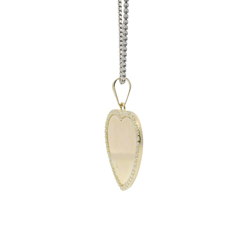 14KT Gold Charm Medium Flat Plain Engravable Heart with White CZ Stones Border and Plain Bell