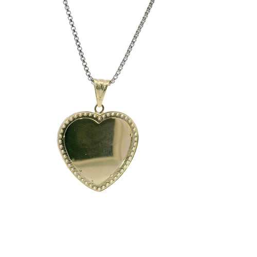 14KT Gold Charm Medium Flat Plain Engravable Heart with White CZ Stones Border and Plain Bell