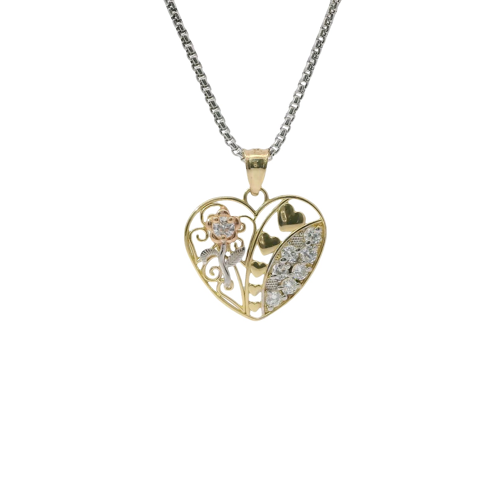 14KT Gold Charm Medium Tri Tone Flat Left Rose Heart with White CZ Stones Right Side Flower and Plain Bell
