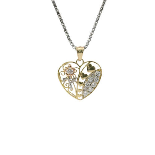 14KT Gold Charm Medium Tri Tone Flat Left Rose Heart with White CZ Stones Right Side Flower and Plain Bell