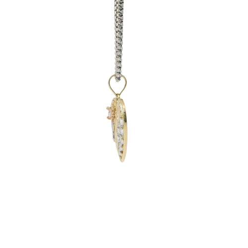14KT Gold Charm Medium Tri Tone Flat Left Rose Heart with White CZ Stones Right Side Flower and Plain Bell