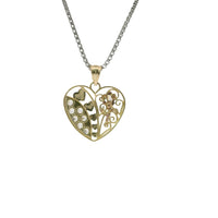 14KT Gold Charm Medium Tri Tone Flat Left Rose Heart with White CZ Stones Right Side Flower and Plain Bell