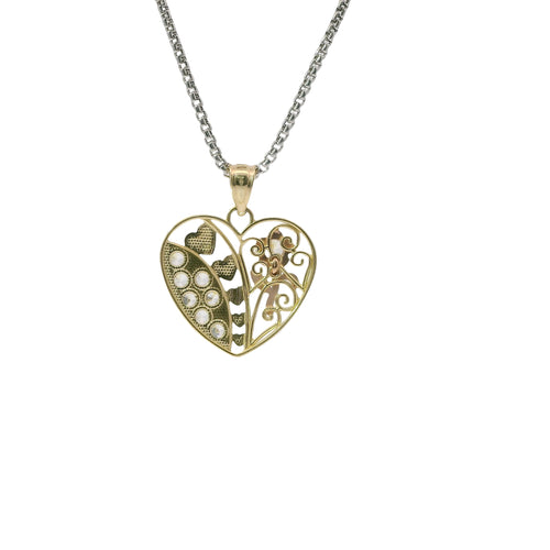 14KT Gold Charm Medium Tri Tone Flat Left Rose Heart with White CZ Stones Right Side Flower and Plain Bell