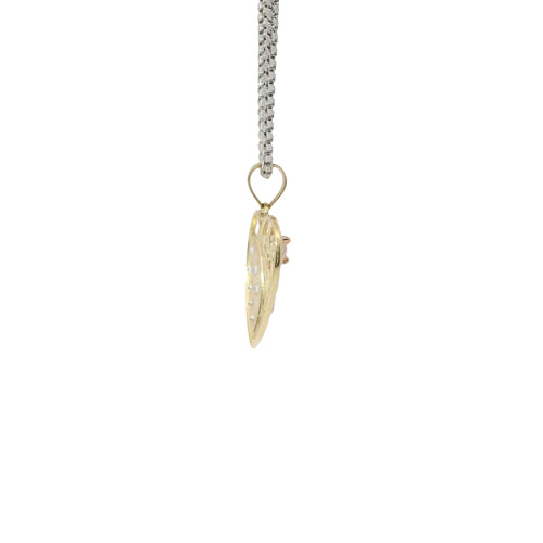 14KT Gold Charm Medium Tri Tone Flat Left Rose Heart with White CZ Stones Right Side Flower and Plain Bell