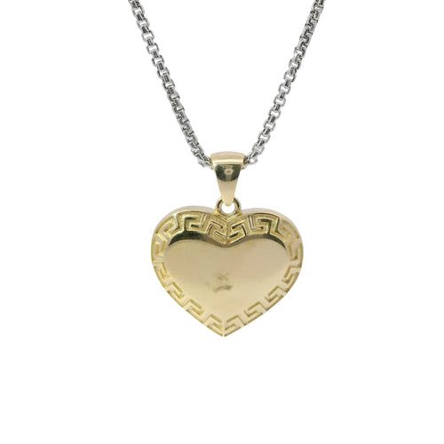 14KT Gold Charm Medium Greek Border Heart with Plain Bell