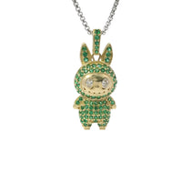 14KT Gold Charm Medium 3D Flat Back LaBuBu White Oval CZ Stones Eyes, Green CZ Stones Body and Bell