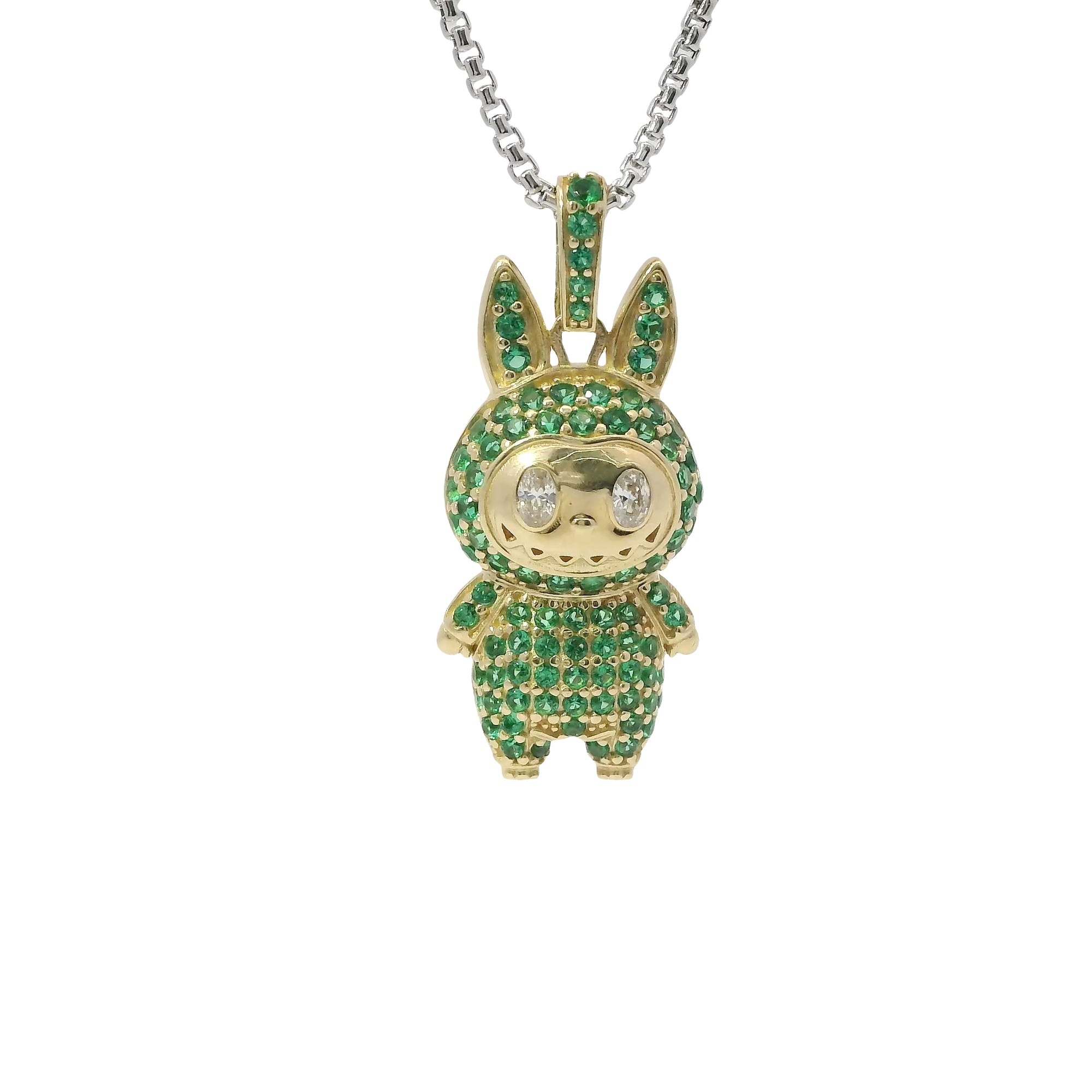 14KT Gold Charm Medium 3D Flat Back LaBuBu White Oval CZ Stones Eyes, Green CZ Stones Body and Bell