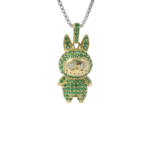 14KT Gold Charm Medium 3D Flat Back LaBuBu White Oval CZ Stones Eyes, Green CZ Stones Body and Bell