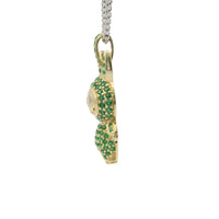 14KT Gold Charm Medium 3D Flat Back LaBuBu White Oval CZ Stones Eyes, Green CZ Stones Body and Bell