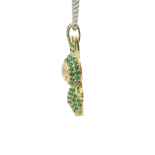 14KT Gold Charm Medium 3D Flat Back LaBuBu White Oval CZ Stones Eyes, Green CZ Stones Body and Bell
