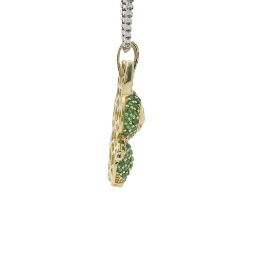 14KT Gold Charm Medium 3D Flat Back LaBuBu White Oval CZ Stones Eyes, Green CZ Stones Body and Bell