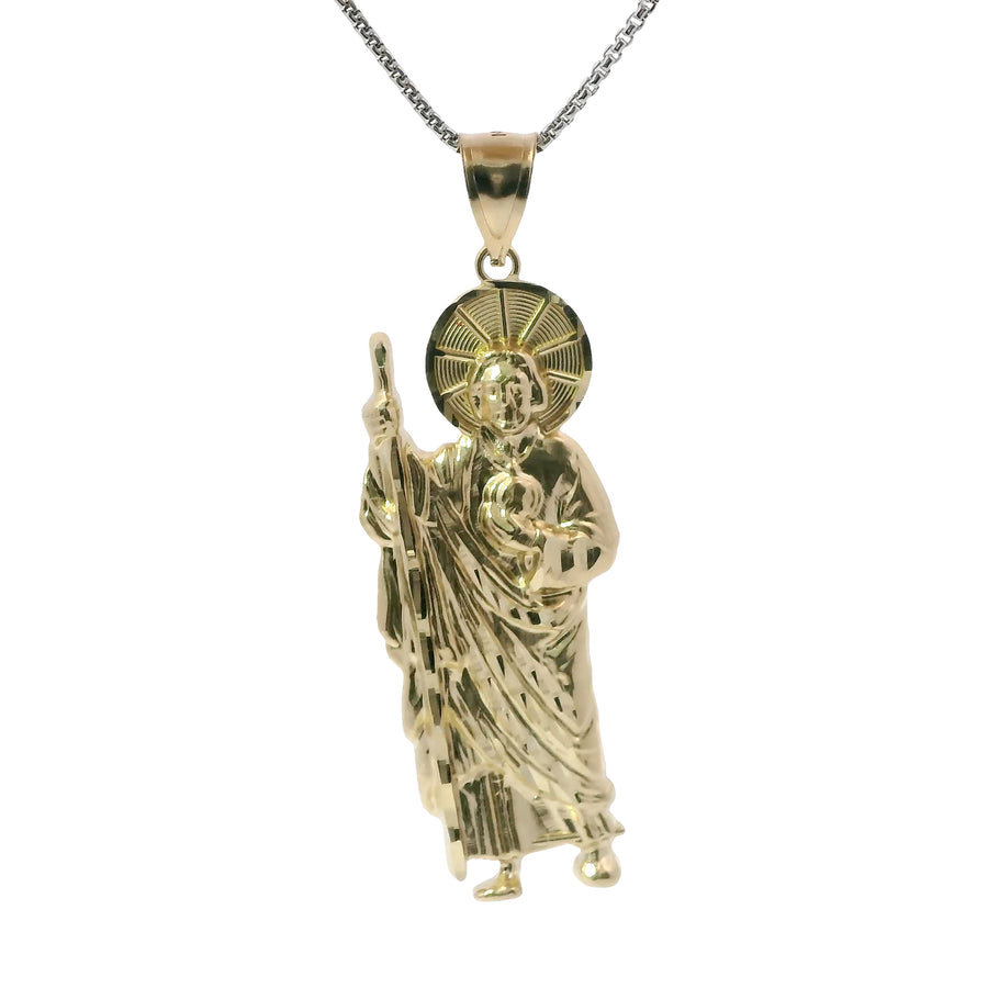 14KT Gold Charm Small Diamond Cut Halo Left Facing St Jude with Plain Bell