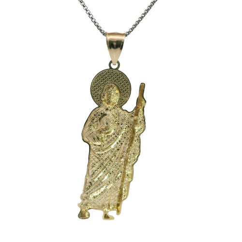 14KT Gold Charm Small Diamond Cut Halo Left Facing St Jude with Plain Bell
