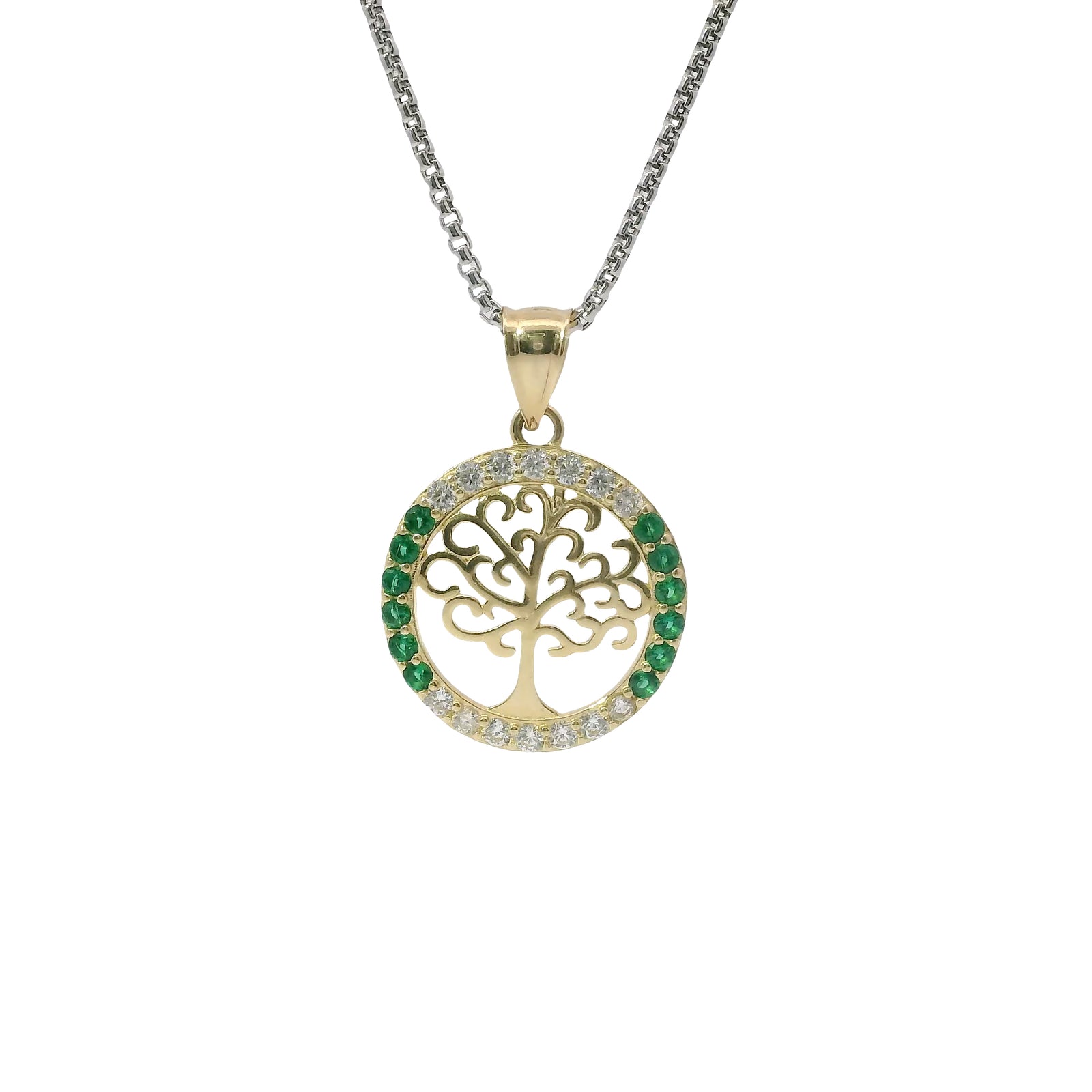 14KT Gold Charm Medium Round Tree of Life with Heart Leaves and White and Green CZ Stones Border and Plain Bell