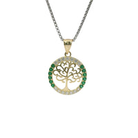 14KT Gold Charm Medium Round Tree of Life with Heart Leaves and White and Green CZ Stones Border and Plain Bell