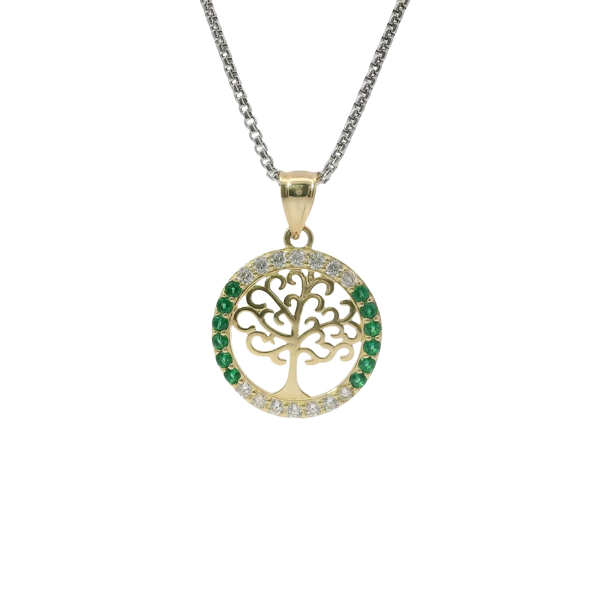 14KT Gold Charm Medium Round Tree of Life with Heart Leaves and White and Green CZ Stones Border and Plain Bell
