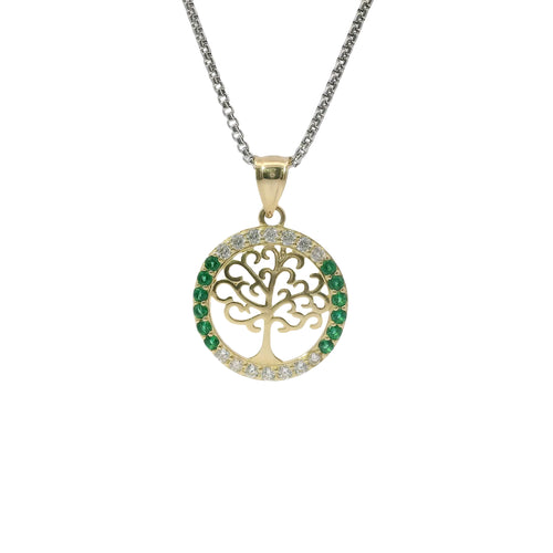 14KT Gold Charm Medium Round Tree of Life with Heart Leaves and White and Green CZ Stones Border and Plain Bell