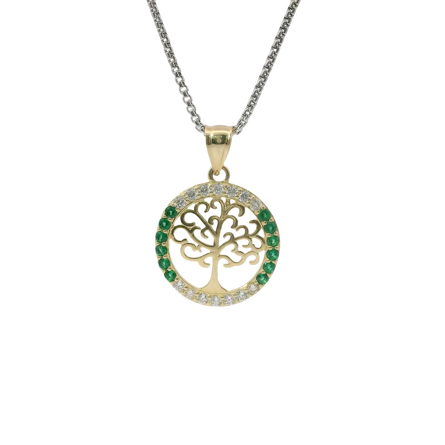 14KT Gold Charm Medium Round Tree of Life with Heart Leaves and White and Green CZ Stones Border and Plain Bell