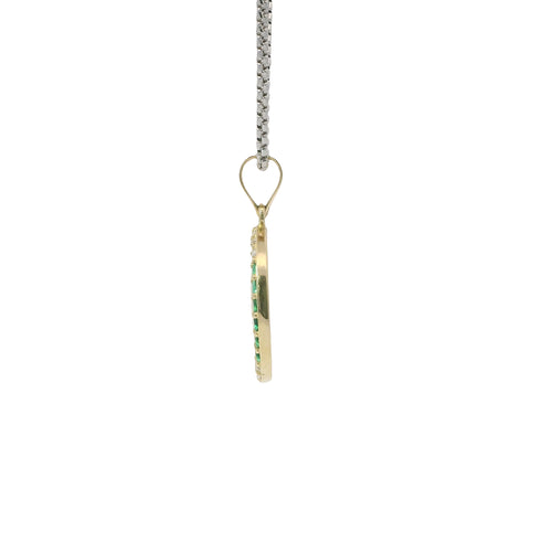 14KT Gold Charm Medium Round Tree of Life with Heart Leaves and White and Green CZ Stones Border and Plain Bell