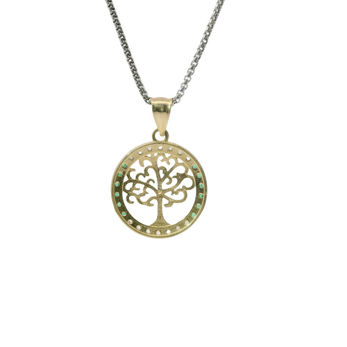 14KT Gold Charm Medium Round Tree of Life with Heart Leaves and White and Green CZ Stones Border and Plain Bell