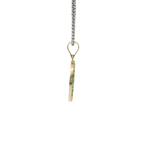 14KT Gold Charm Medium Round Tree of Life with Heart Leaves and White and Green CZ Stones Border and Plain Bell