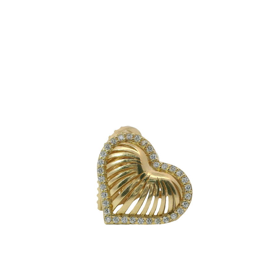 14KT Gold Earrings Medium 3D Stripe Cutout Heart with Flat Back White CZ Stones Border with Push Back Post and Butterfly Backs