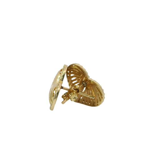 14KT Gold Earrings Medium 3D Stripe Cutout Heart with Flat Back White CZ Stones Border with Push Back Post and Butterfly Backs