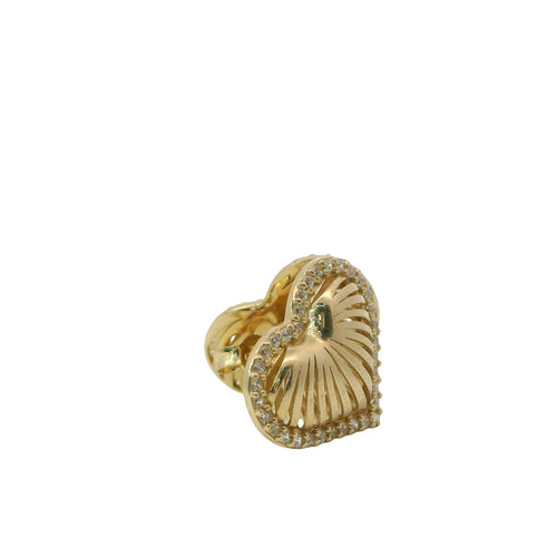 14KT Gold Earrings Medium 3D Stripe Cutout Heart with Flat Back White CZ Stones Border with Push Back Post and Butterfly Backs