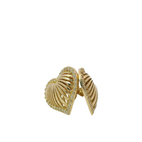 14KT Gold Earrings Medium 3D Stripe Cutout Heart with Flat Back White CZ Stones Border with Push Back Post and Butterfly Backs