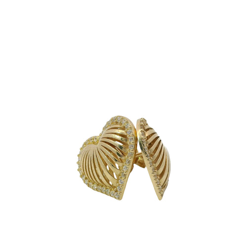 14KT Gold Earrings Medium 3D Stripe Cutout Heart with Flat Back White CZ Stones Border with Push Back Post and Butterfly Backs