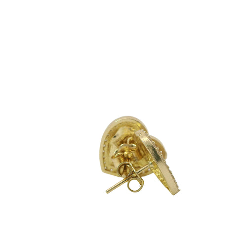 14KT Gold Earrings Medium Nugget Heart Center with White CZ Stones Border, Push Back Post, and Butterfly Backs