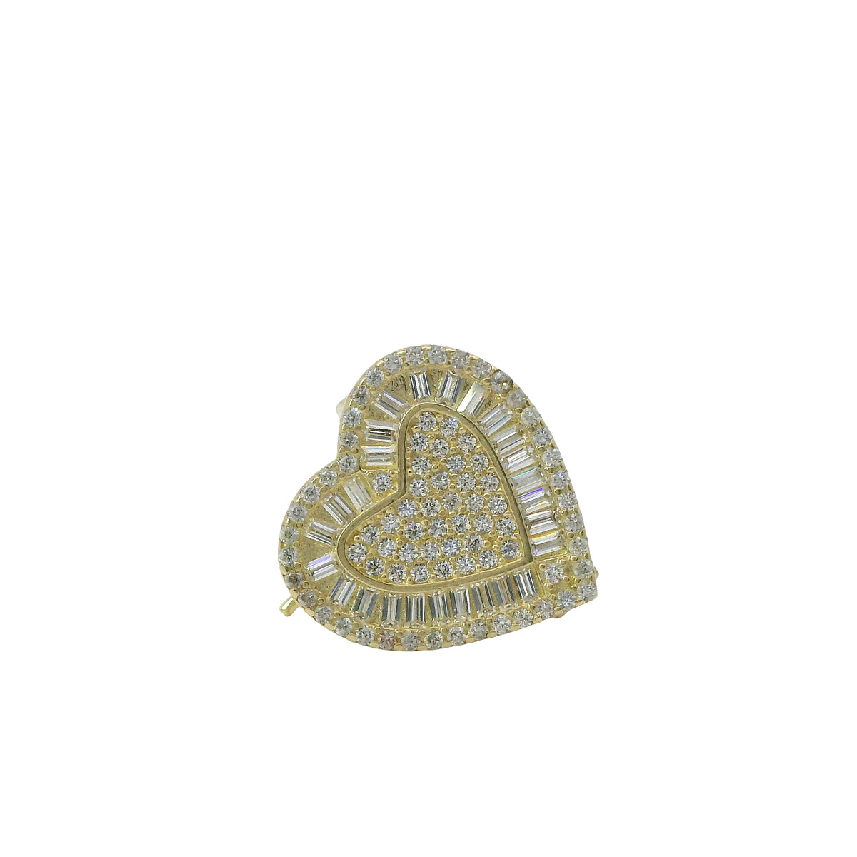 14KT Gold Earrings Medium Heart White Round CZ Stones Cluster Center and Edge, Baguette CZ Stones Border, Push Back Post, and Butterfly Backs