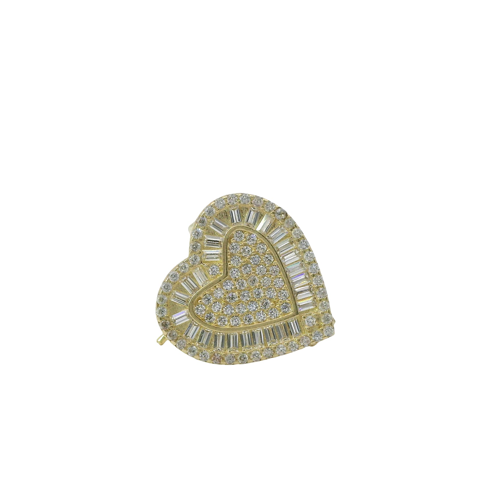 14KT Gold Earrings Medium Heart White Round CZ Stones Cluster Center and Edge, Baguette CZ Stones Border, Push Back Post, and Butterfly Backs