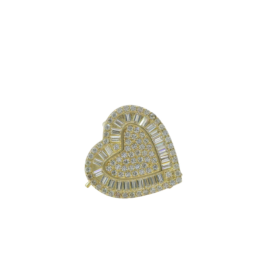 14KT Gold Earrings Medium Heart White Round CZ Stones Cluster Center and Edge, Baguette CZ Stones Border, Push Back Post, and Butterfly Backs