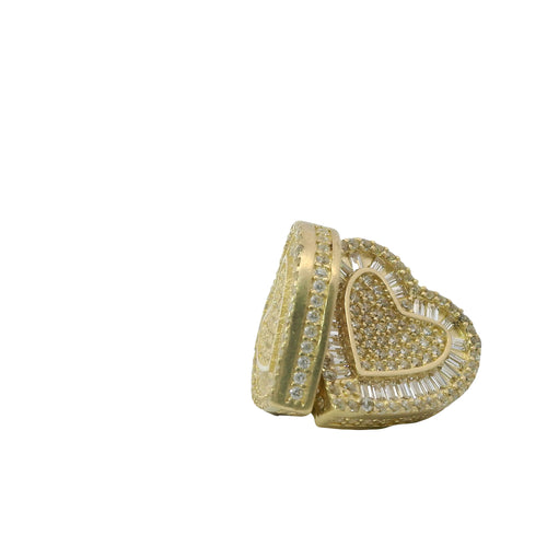 14KT Gold Earrings Medium Heart White Round CZ Stones Cluster Center and Edge, Baguette CZ Stones Border, Push Back Post, and Butterfly Backs
