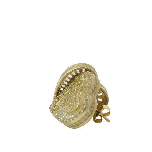 14KT Gold Earrings Medium Heart White Round CZ Stones Cluster Center and Edge, Baguette CZ Stones Border, Push Back Post, and Butterfly Backs