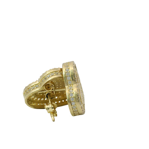 14KT Gold Earrings Medium Heart White Round CZ Stones Cluster Center and Edge, Baguette CZ Stones Border, Push Back Post, and Butterfly Backs