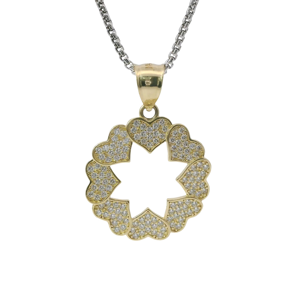 14KT Gold Charm Medium Open Center White CZ Stones Heart Wreath with Plain Bell