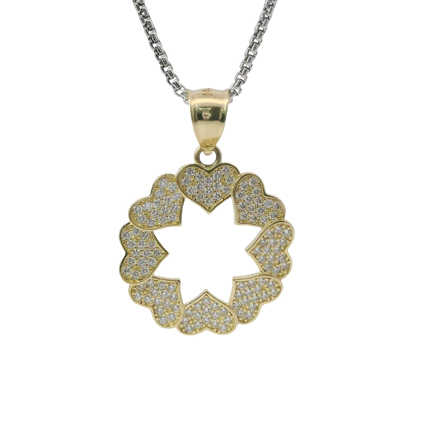 14KT Gold Charm Medium Open Center White CZ Stones Heart Wreath with Plain Bell