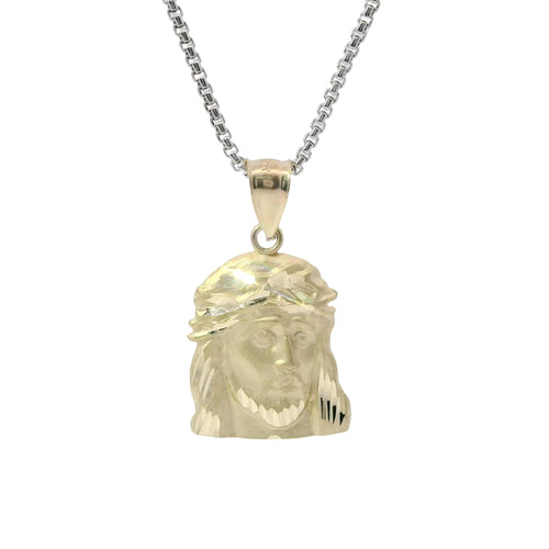 14KT Gold Charm Medium Diamond Cut Right Facing Jesus Head with Thorn Crown and Plain Bell