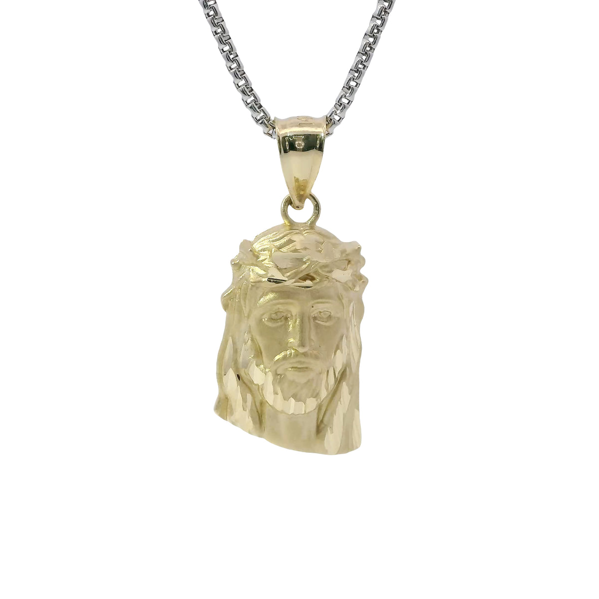 14KT Gold Charm Medium Diamond Cut Slant Bottom Jesus Head Front Portrait with Plain Bell