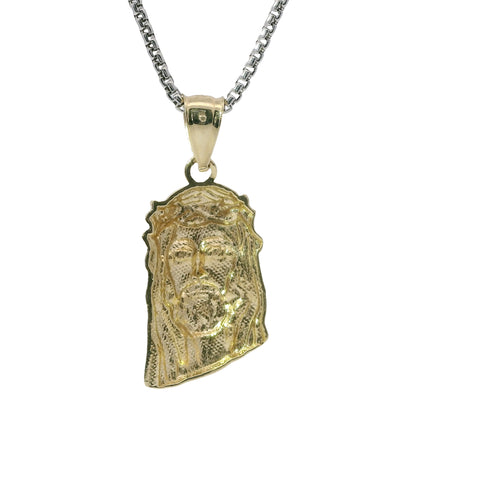 14KT Gold Charm Medium Diamond Cut Slant Bottom Jesus Head Front Portrait with Plain Bell