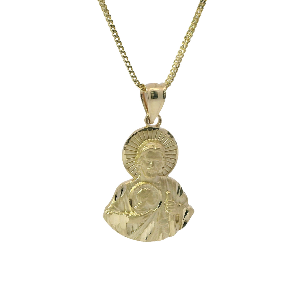 14KT Gold Charm Medium Diamond Cut Jesus Half Body Portrait with Sunray Background and Coin Center with Plain Bell