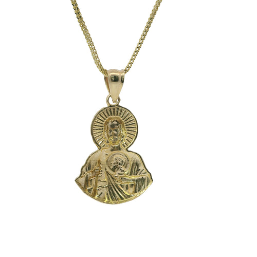 14KT Gold Charm Medium Diamond Cut Jesus Half Body Portrait with Sunray Background and Coin Center with Plain Bell